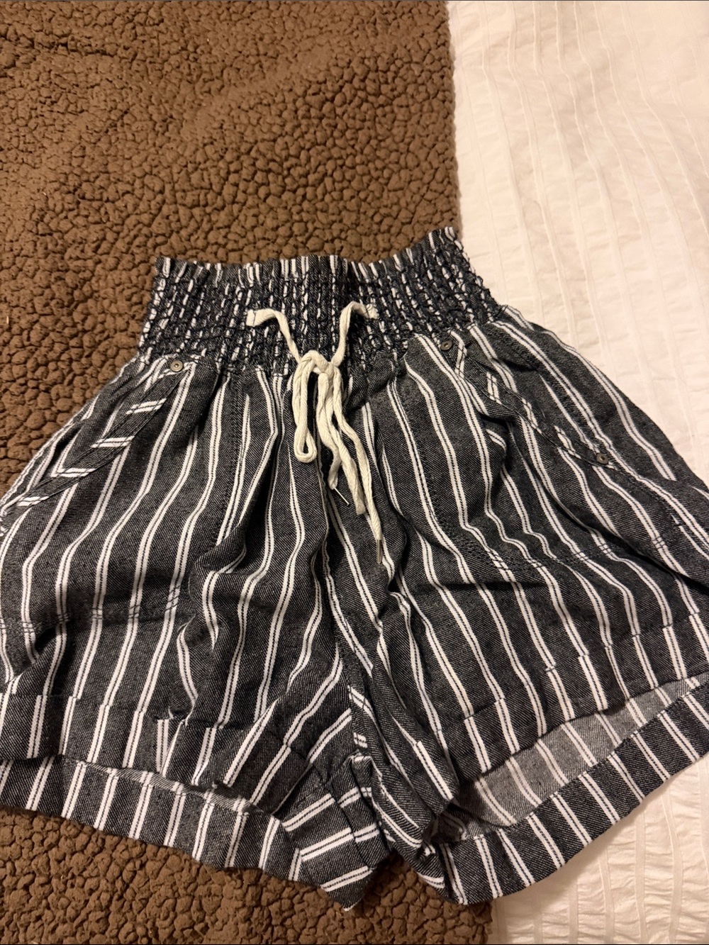 Striped Black and White Smocked Waist Women's Shorts